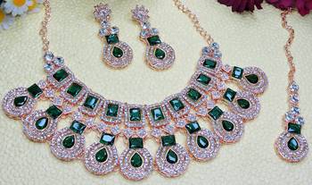 Green rose gold premium designer american diamond and stone work necklace set 3
