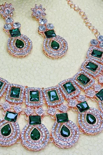 Green rose gold premium designer american diamond and stone work necklace set