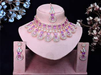 Purple rose gold premium designer american diamond and stone work necklace set 1