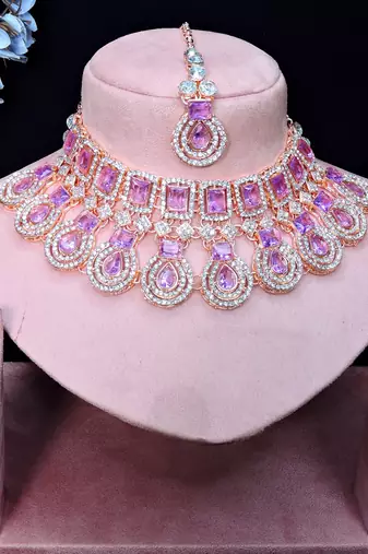 Purple rose gold premium designer american diamond and stone work necklace set
