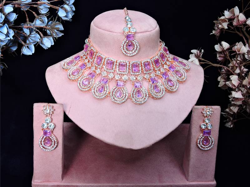 Purple rose gold premium designer american diamond and stone work necklace set