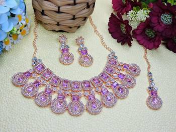 Purple rose gold premium designer american diamond and stone work necklace set 2