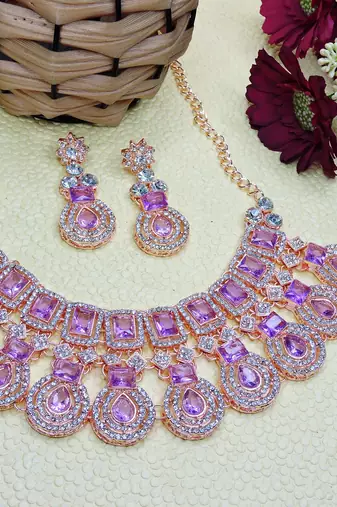 Purple rose gold premium designer american diamond and stone work necklace set