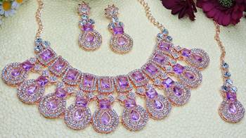 Purple rose gold premium designer american diamond and stone work necklace set 3