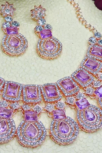 Purple rose gold premium designer american diamond and stone work necklace set