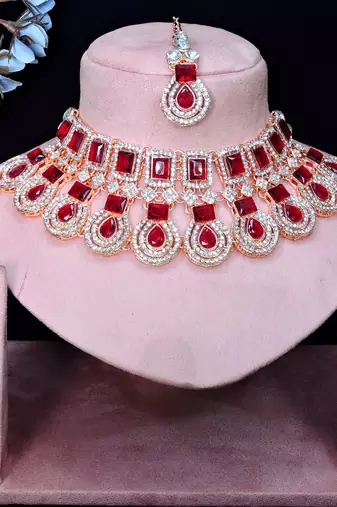 Maroon rose gold premium designer american diamond and stone work necklace set