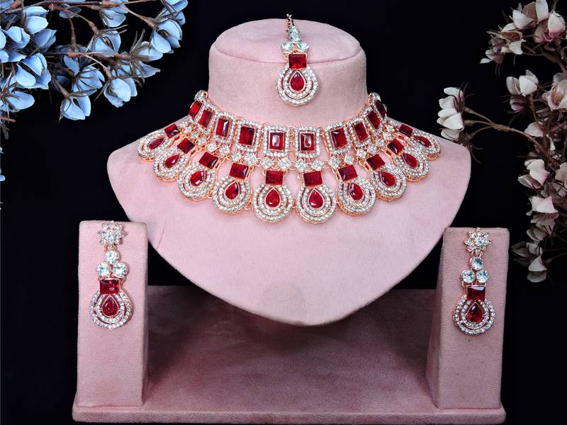 Maroon rose gold premium designer american diamond and stone work necklace set