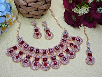 Maroon rose gold premium designer american diamond and stone work necklace set 2