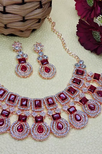 Maroon rose gold premium designer american diamond and stone work necklace set