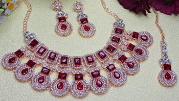 Maroon rose gold premium designer american diamond and stone work necklace set 3