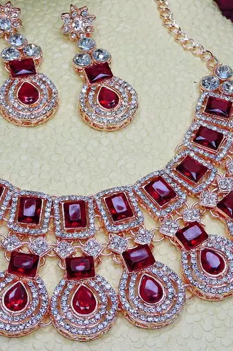 Maroon rose gold premium designer american diamond and stone work necklace set