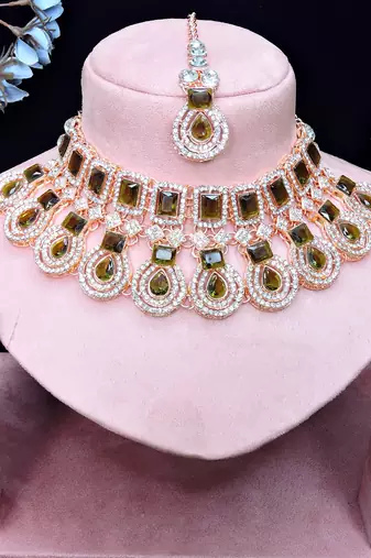 Green rose gold premium designer american diamond and stone work necklace set
