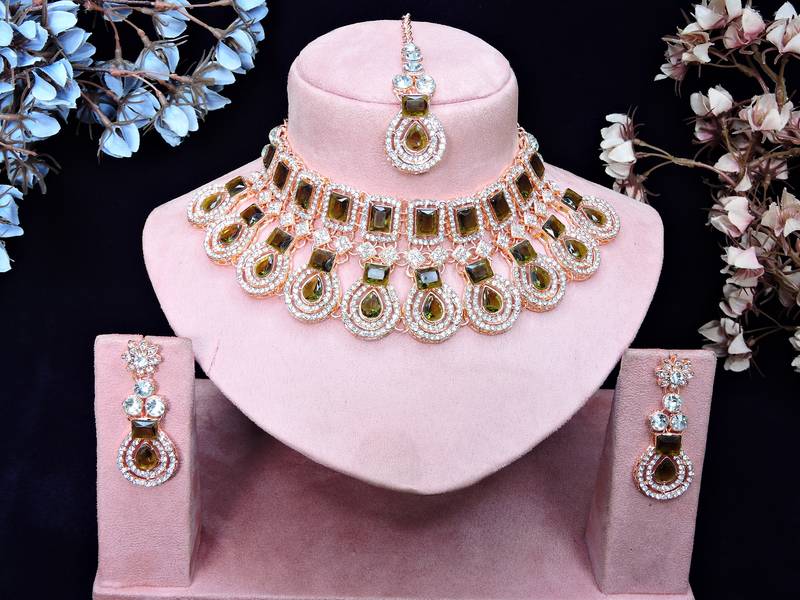 Green rose gold premium designer american diamond and stone work necklace set