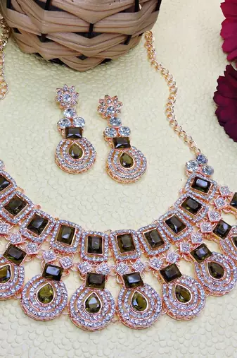 Green rose gold premium designer american diamond and stone work necklace set