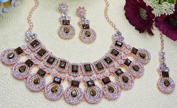 Green rose gold premium designer american diamond and stone work necklace set 3