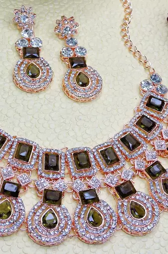 Green rose gold premium designer american diamond and stone work necklace set
