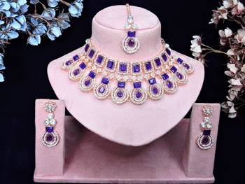 Blue rose gold premium designer american diamond and stone work necklace set 1