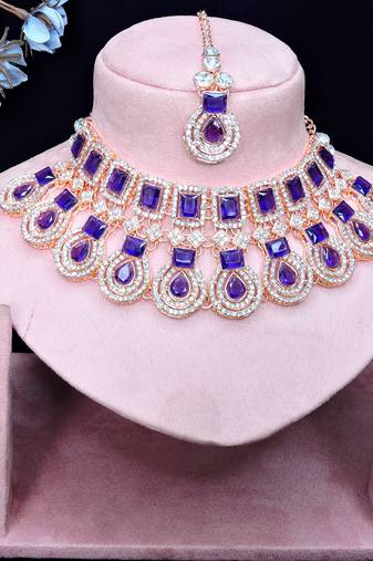 Blue rose gold premium designer american diamond and stone work necklace set