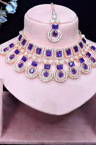 Blue rose gold premium designer american diamond and stone work necklace set