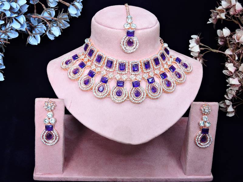 Blue rose gold premium designer american diamond and stone work necklace set