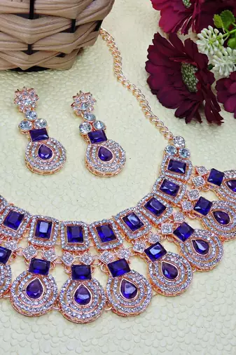 Blue rose gold premium designer american diamond and stone work necklace set