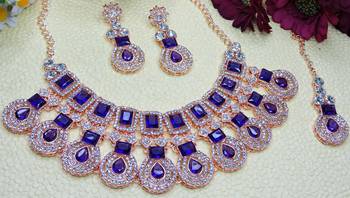 Blue rose gold premium designer american diamond and stone work necklace set 3