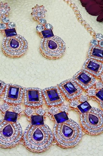 Blue rose gold premium designer american diamond and stone work necklace set