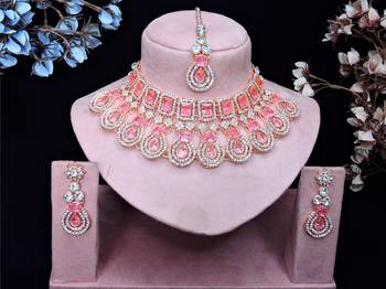 Pink rose gold premium designer american diamond and stone work necklace set 1