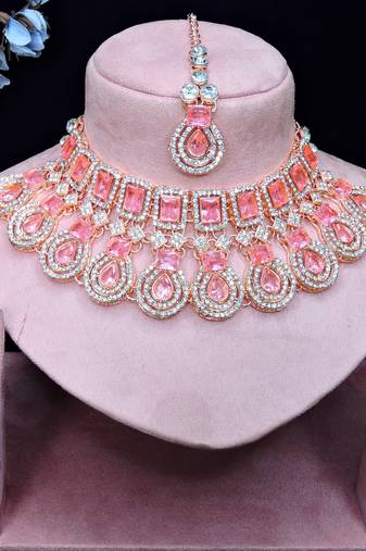 Pink rose gold premium designer american diamond and stone work necklace set