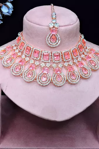 Pink rose gold premium designer american diamond and stone work necklace set