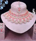 Pink rose gold premium designer american diamond and stone work necklace set