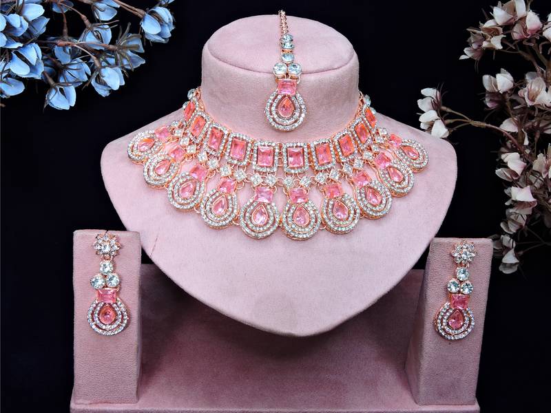 Pink rose gold premium designer american diamond and stone work necklace set