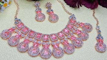 Pink rose gold premium designer american diamond and stone work necklace set 2