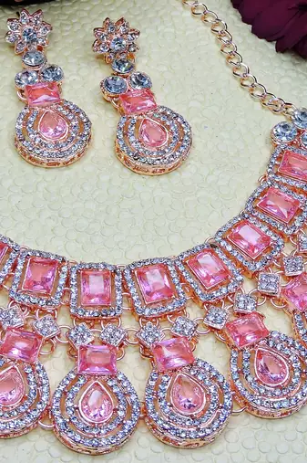 Pink rose gold premium designer american diamond and stone work necklace set