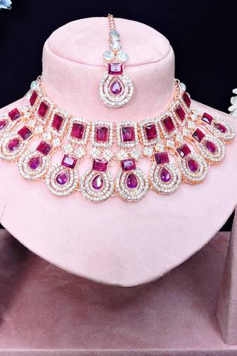 Purple rose gold premium designer american diamond and stone work necklace set