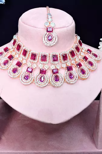Purple rose gold premium designer american diamond and stone work necklace set