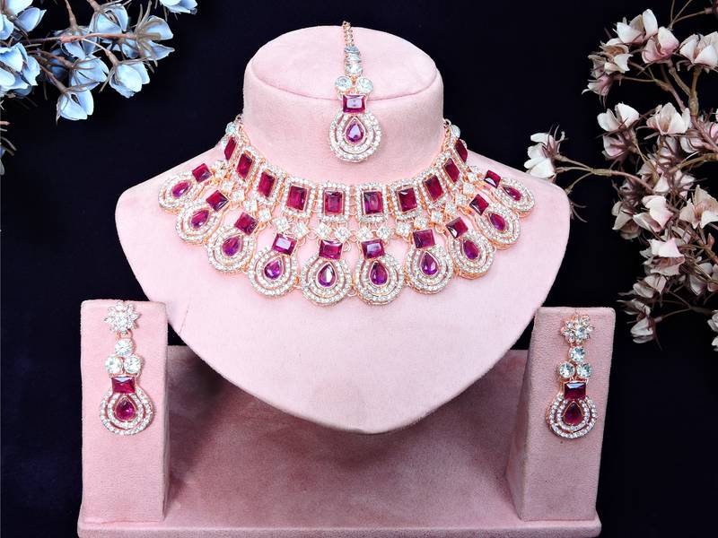 Purple rose gold premium designer american diamond and stone work necklace set