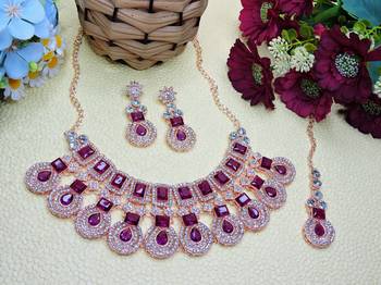 Purple rose gold premium designer american diamond and stone work necklace set 2