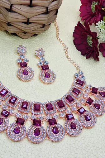 Purple rose gold premium designer american diamond and stone work necklace set