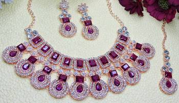 Purple rose gold premium designer american diamond and stone work necklace set 3