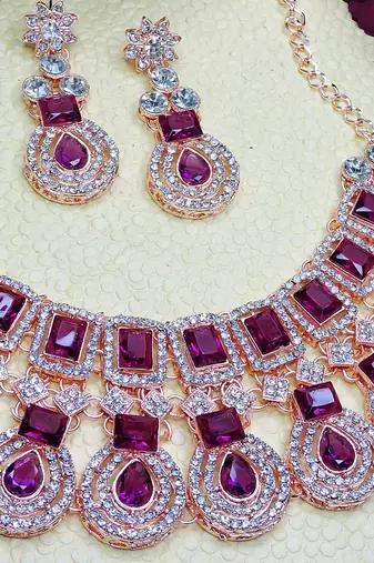 Purple rose gold premium designer american diamond and stone work necklace set