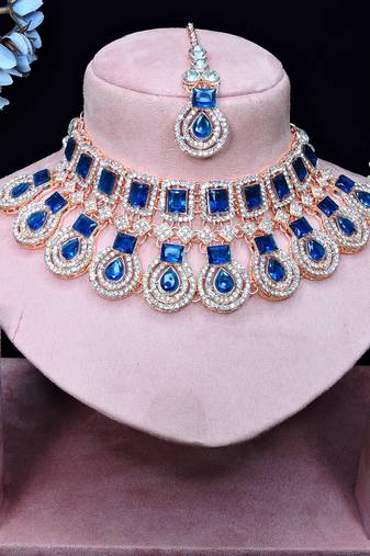 Blue rose gold premium designer american diamond and stone work necklace set