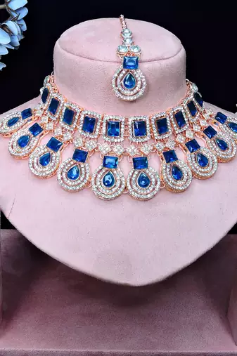 Blue rose gold premium designer american diamond and stone work necklace set