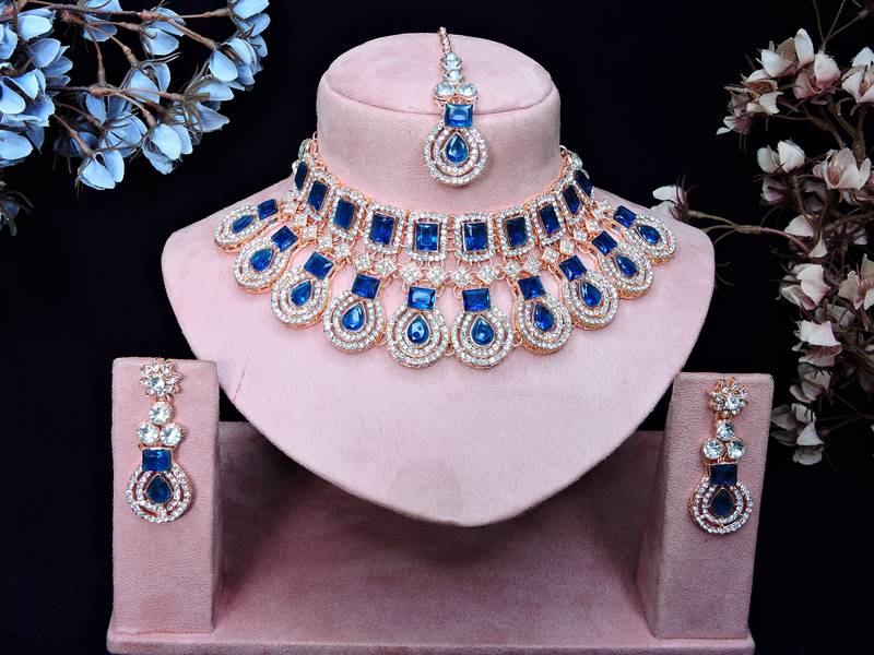 Blue rose gold premium designer american diamond and stone work necklace set