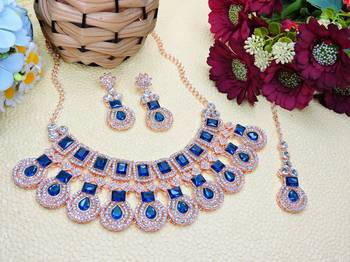 Blue rose gold premium designer american diamond and stone work necklace set 2