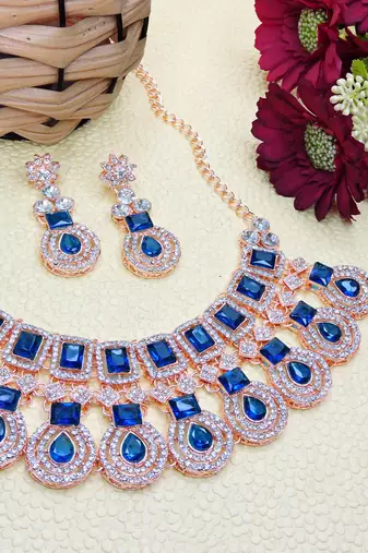 Blue rose gold premium designer american diamond and stone work necklace set