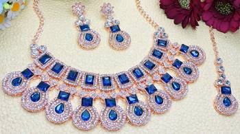 Blue rose gold premium designer american diamond and stone work necklace set 3