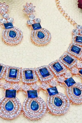 Blue rose gold premium designer american diamond and stone work necklace set
