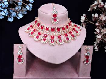 Pink rose gold premium designer american diamond and stone work necklace set 1