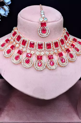 Pink rose gold premium designer american diamond and stone work necklace set